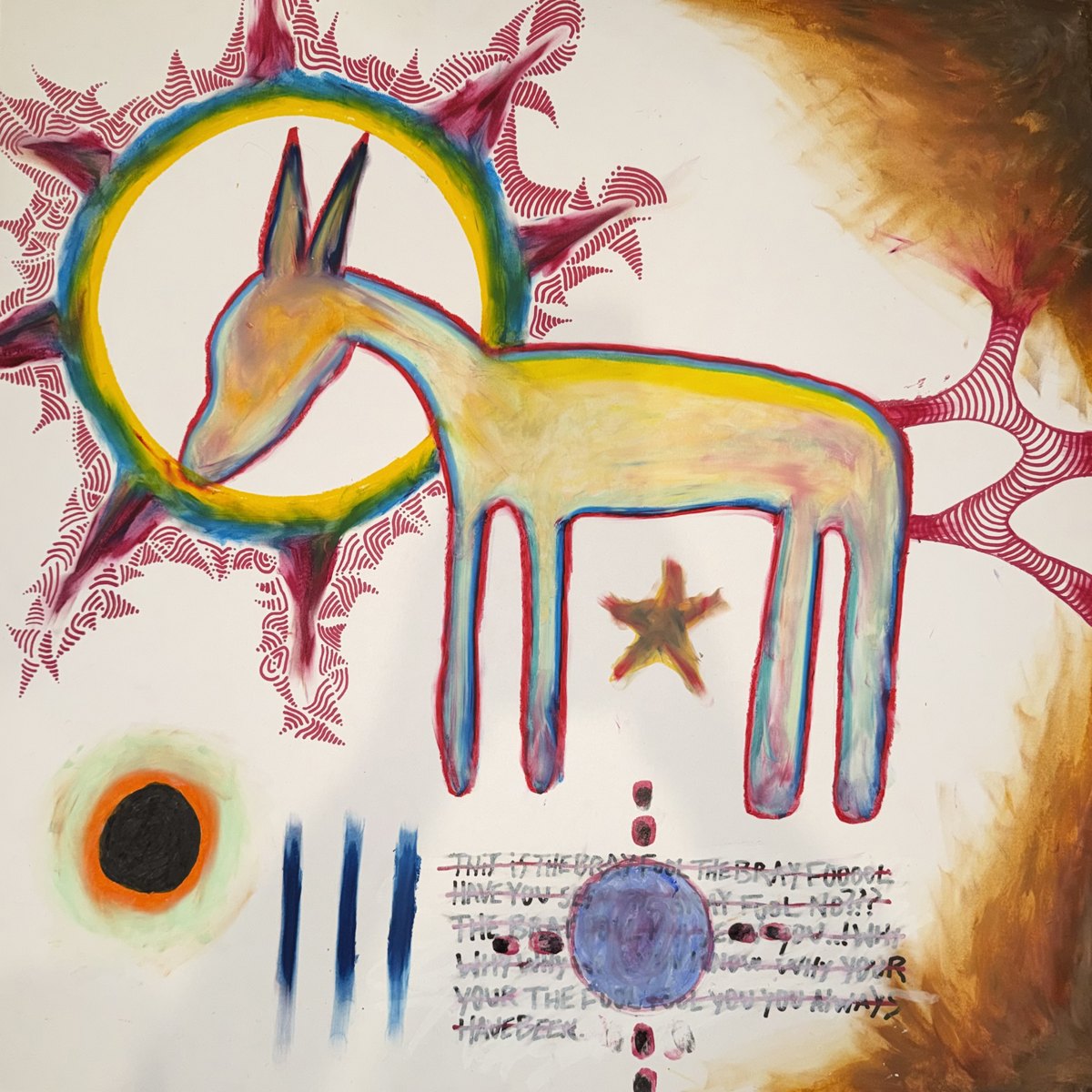 Artwork for bray fool by campthehills: a painted yellow donkey standing inside a ring, with a star on its flank and a red sunburst behind it.