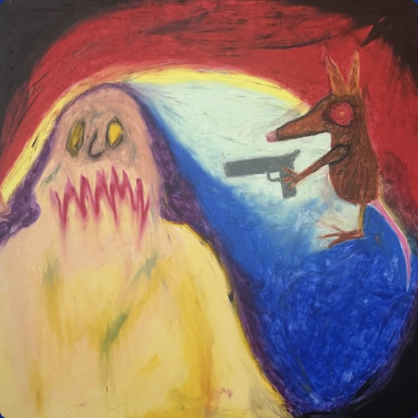 Artwork for down with the snow: a pale yellow creature with pink teeth beside a brown rat holding a pistol, on red and blue.