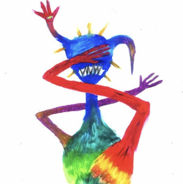 Cover art for everything you do: a rainbow-painted figure with a blue spiked head and long red arms raised overhead.